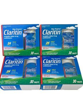 NEW! Lot of 4 Claritin 24 Hr Non-Drowsy Allergies! Loratadine 10mg 120 Tablets